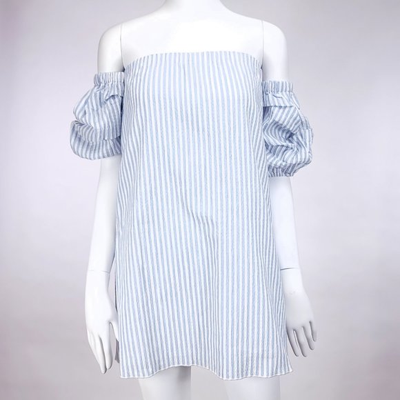 Rampage Striped Seersucker Tunic Mini Dress with Puff Ruffle Sleeves - Picture 1 of 8